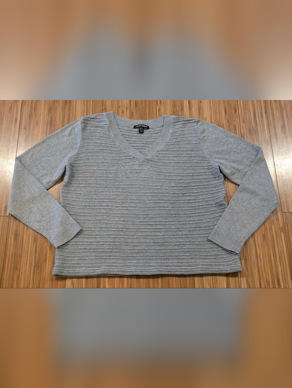 Hilary Radley Light Gray V-Neck Ribbed Knit Sweater